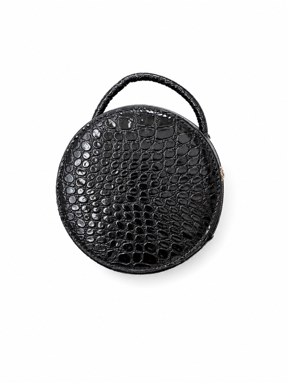 Black Croc Embossed Round Crossbody Style Mini Bag Circle Purse Chic Glam - Picture 2 of 5